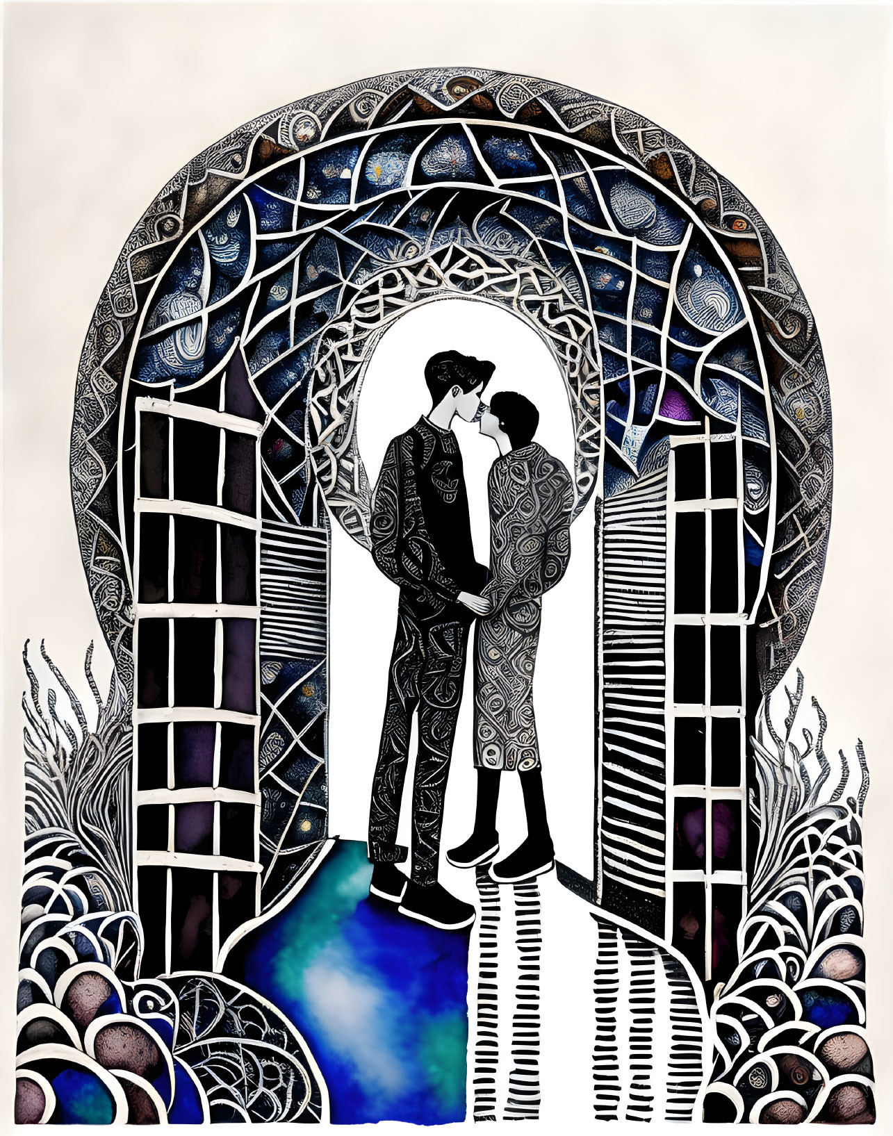 Silhouetted figures kissing in decorative arch with moon phases, ornate patterns, stained glass windows