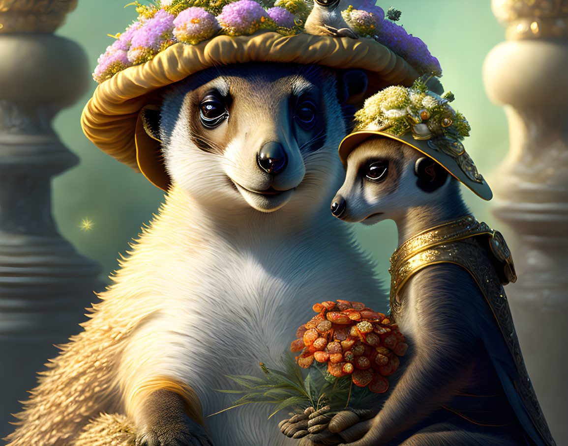 Animated meerkats in fancy hats and jewelry with bouquet, detailed textures, magical ambiance