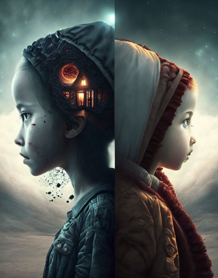 Split-image: Girl with mechanical parts & house vs. girl in warm hat under starry sky