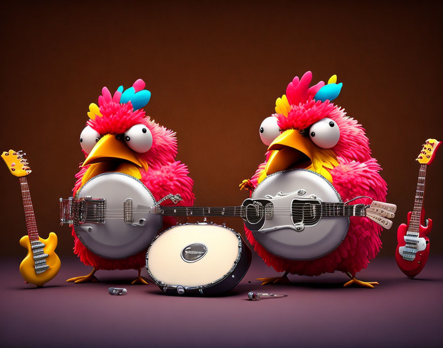 Cartoon Chickens with Bass Guitar, Drums, Banjo, and Electric Guitar