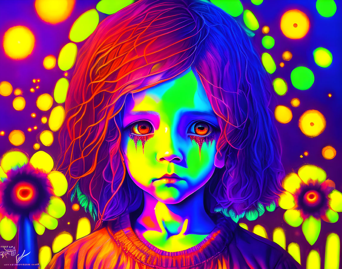 Colorful portrait of child with intense eyes and neon hues, abstract floral patterns.