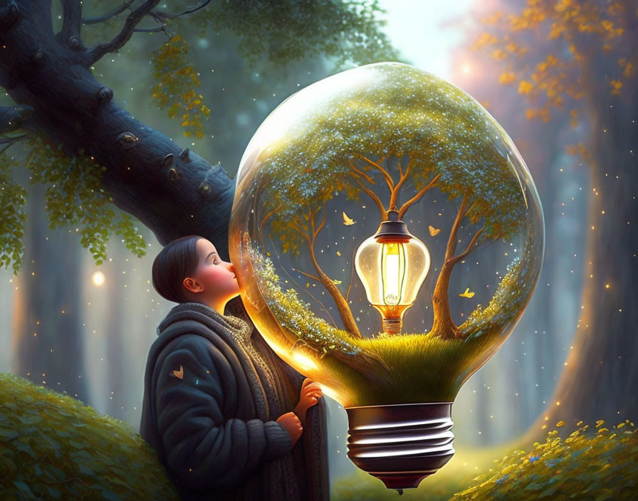 Person admires illuminated light bulb with tree and lantern in forest setting