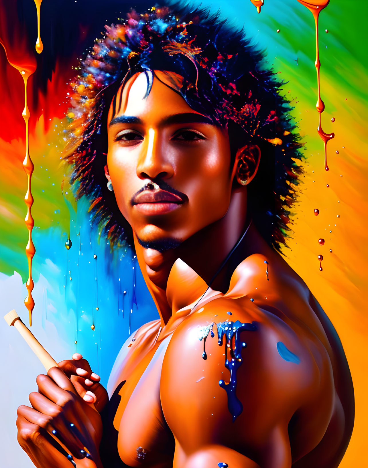 Colorful Psychedelic Portrait of Man with Afro and Paintbrush