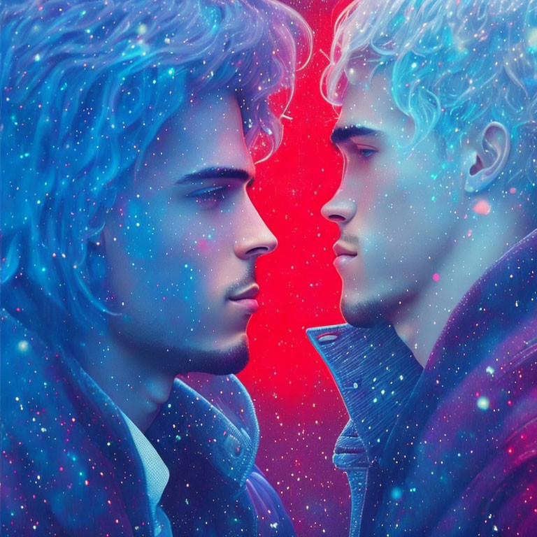 Stylized male figures in blue and purple hues against cosmic starry background