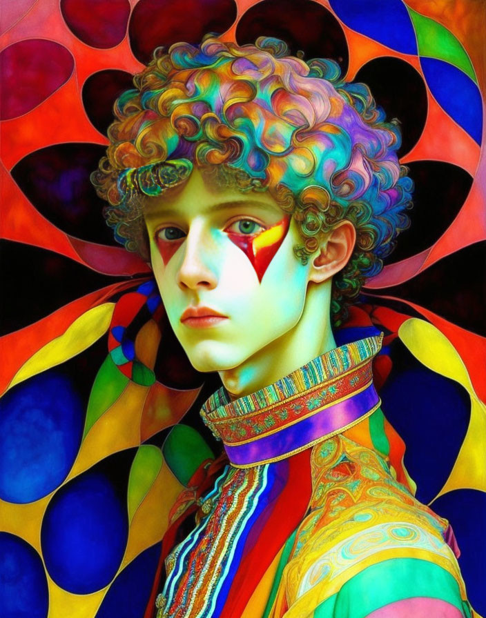 Colorful portrait with curly hair and vibrant patterns in the background