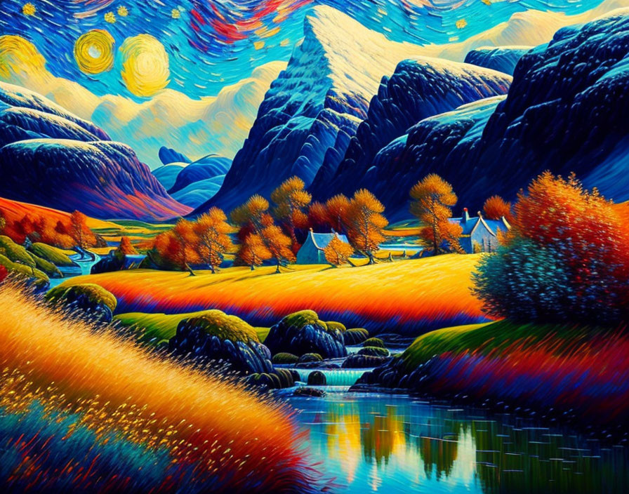 Stylized landscape with swirling skies, orange hills, serene river, houses, and blue mountains.