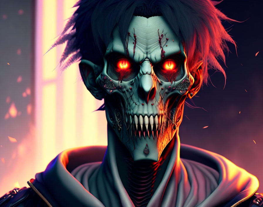 Menacing undead creature with glowing red eyes and sharp teeth in digital artwork