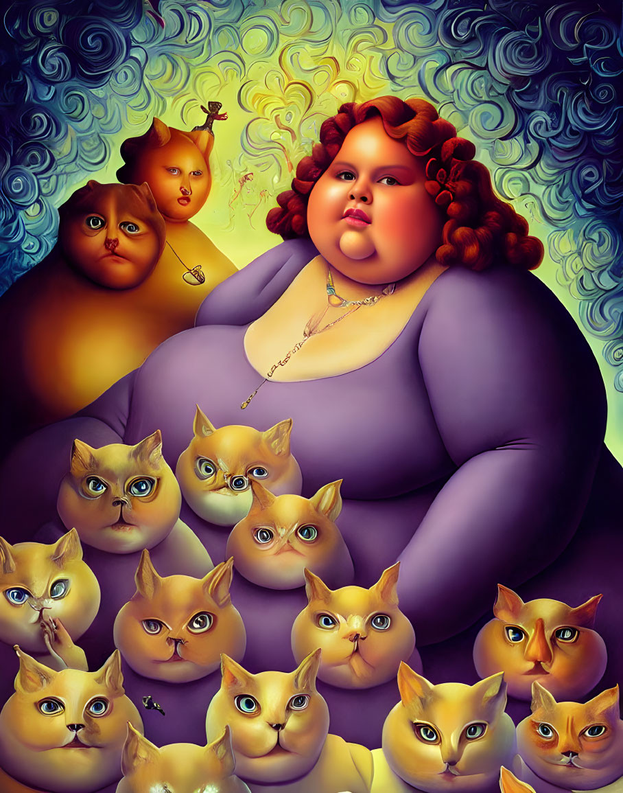 Illustration of woman with cats in human-like expressions on blue background