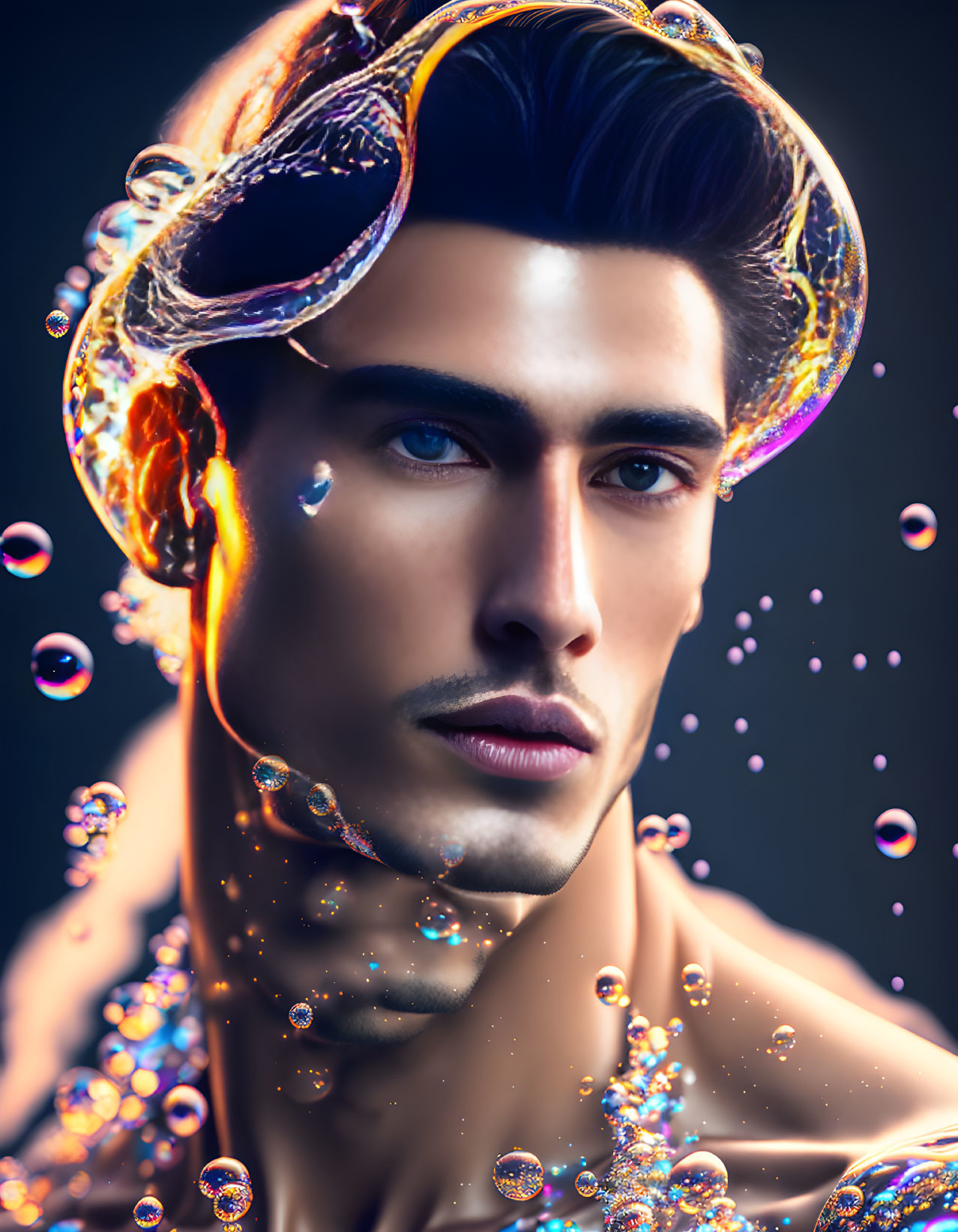 Stylized portrait of a man with iridescent bubbles and liquid halo.