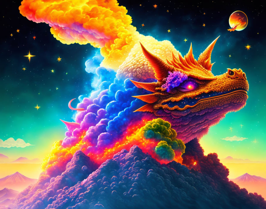 Majestic dragon with glowing eyes in volcanic eruption under starry sky