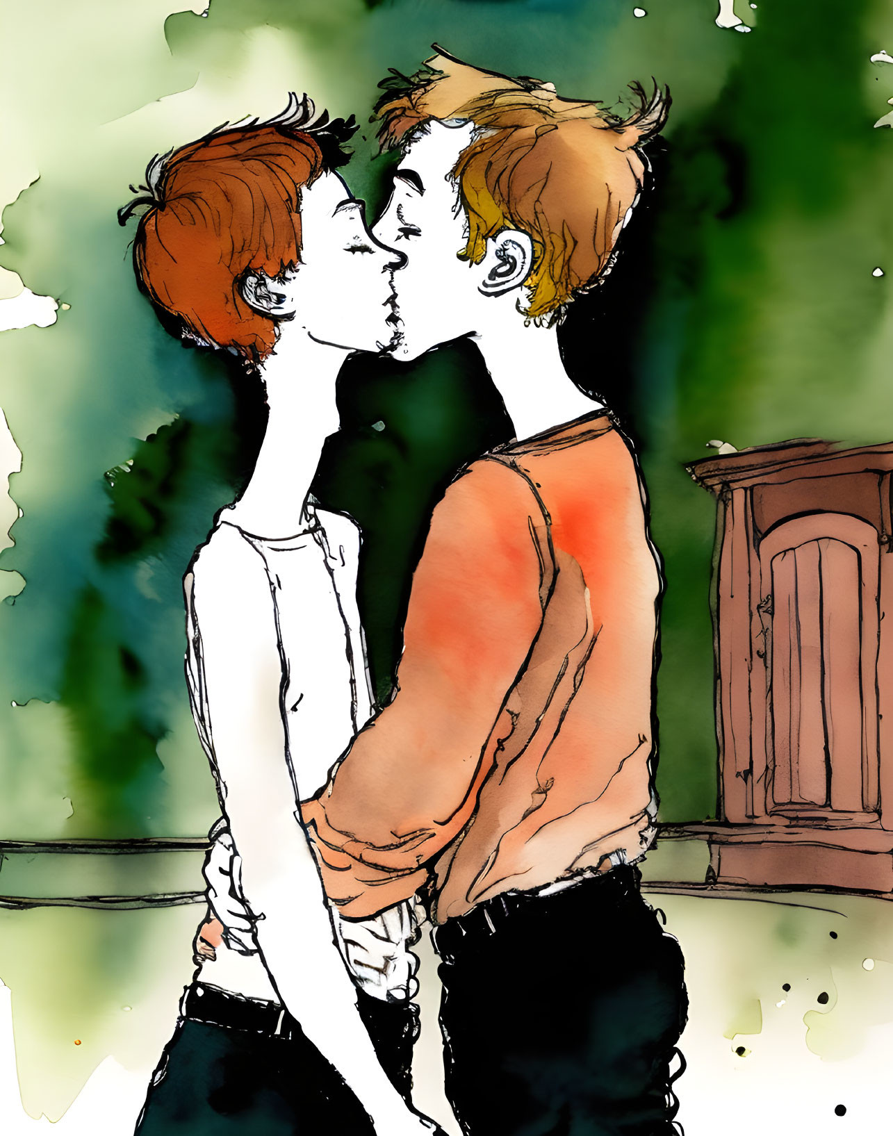 Romantic couple kissing in vibrant watercolor illustration