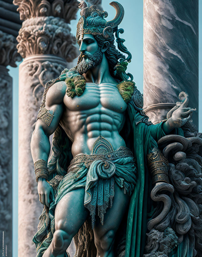 Muscular, bearded figure in crown and armor among classical columns