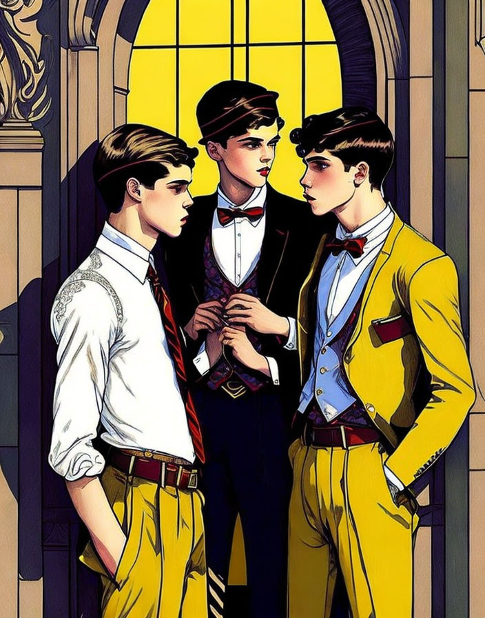 Three stylish animated characters in formal wear by arched window