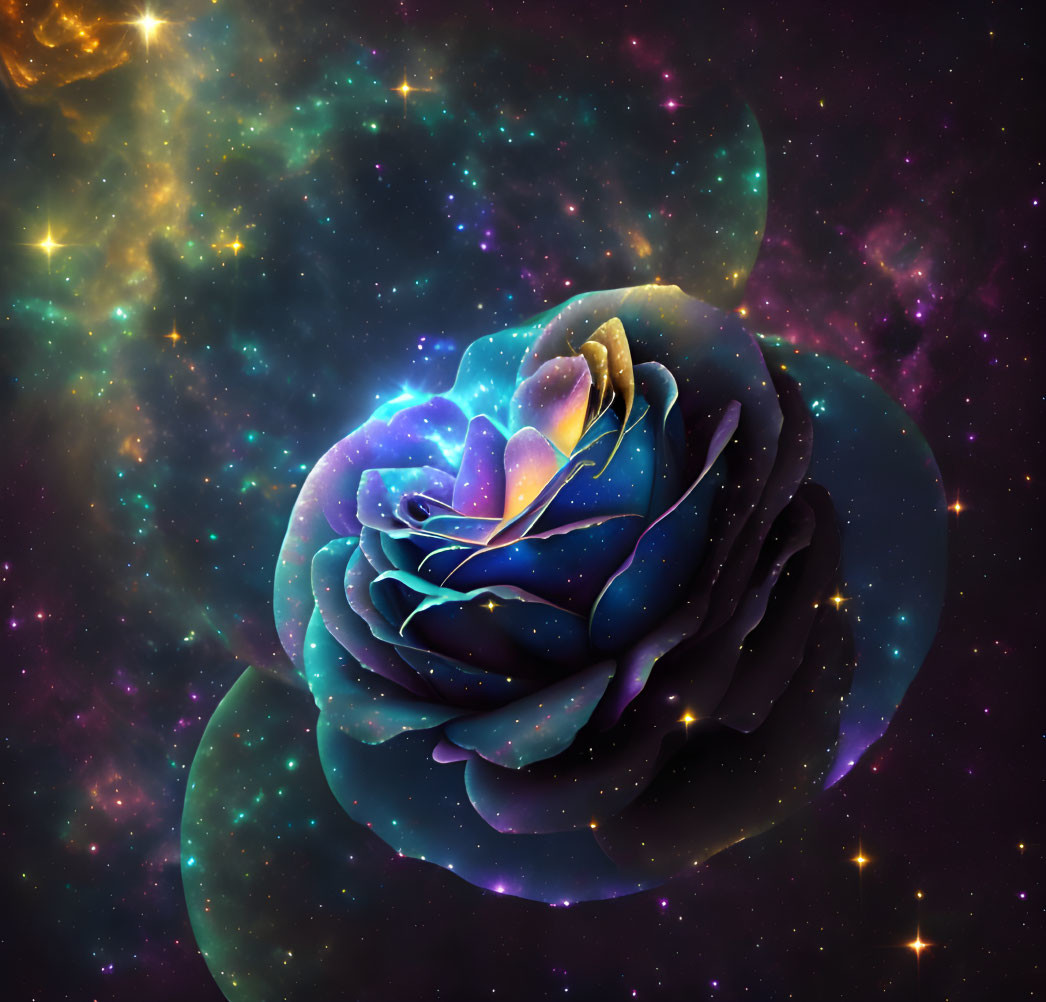 Cosmic rose digital artwork with blue and purple swirls on starry nebula backdrop