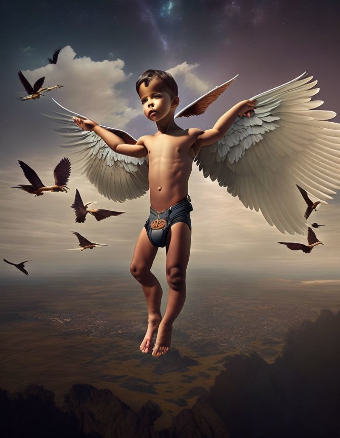 Child with angelic wings hovers in sky among birds and landscape