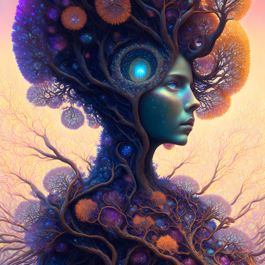 Surreal portrait of female figure with coral-like trees and luminescent orbs