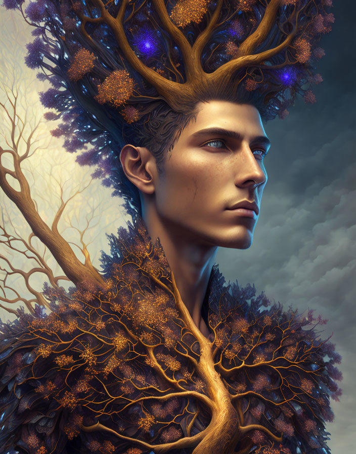 Male figure with tree branches, glowing orbs, and bark-like skin textures portrait.