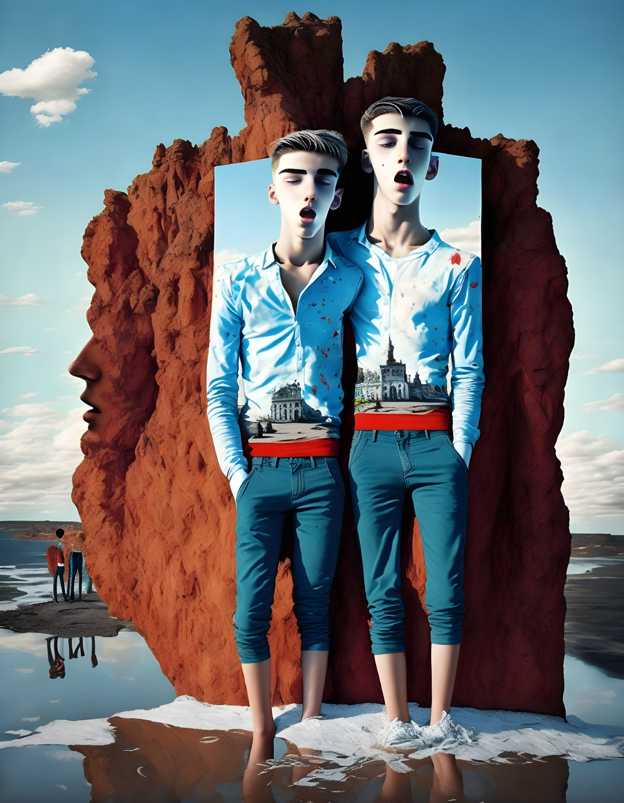 Surreal artwork: Conjoined head figures by rock face with water reflection