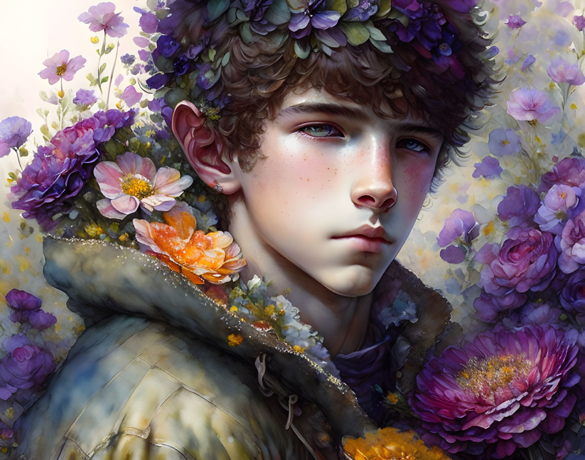 Digital painting of young person with floral crown among lush purple flowers