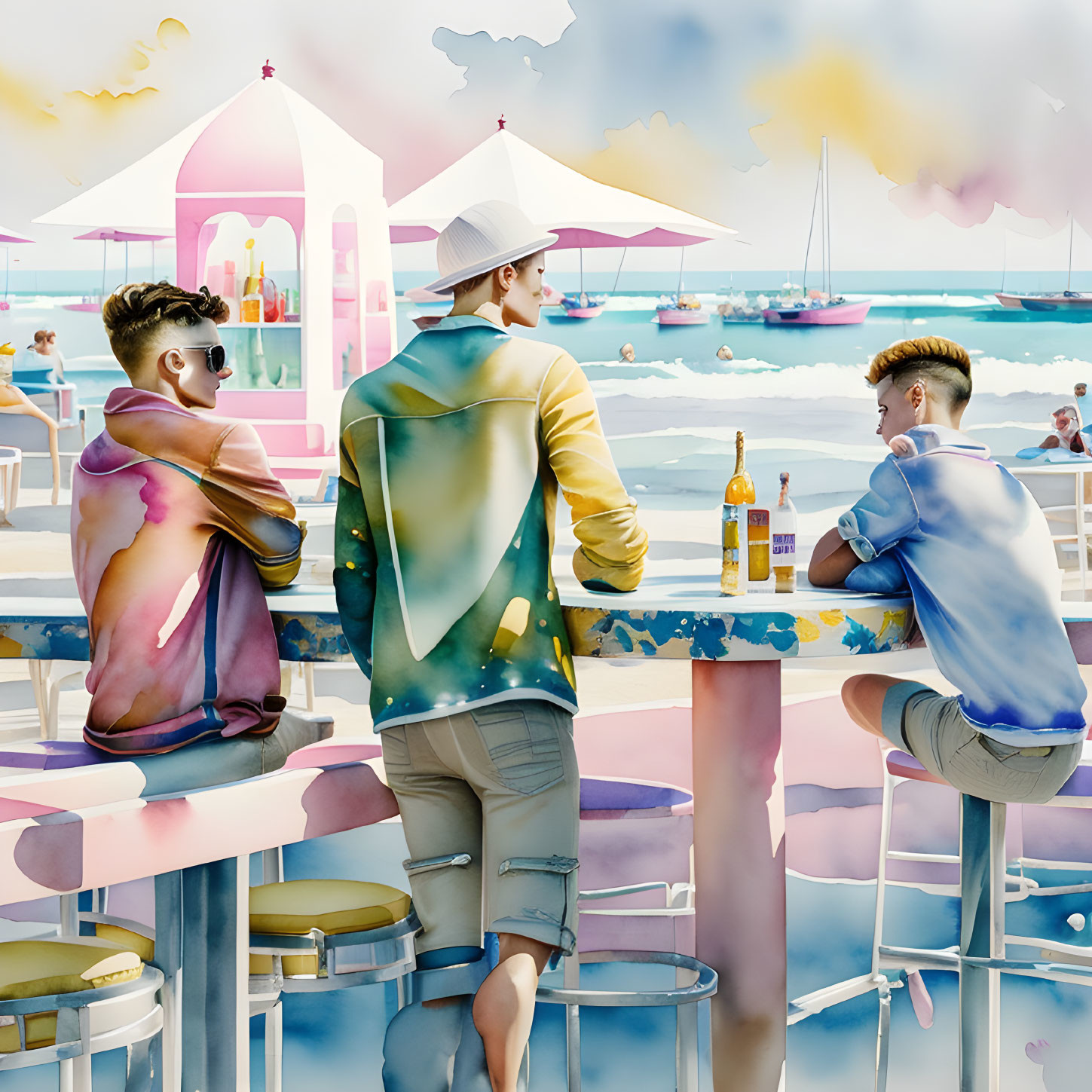 Stylish individuals at pastel beach bar with boats in background