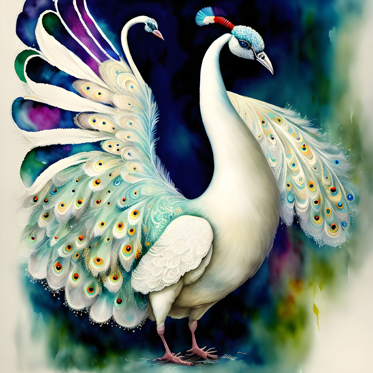 Detailed illustration of two peacocks: one white with intricate tail patterns, the other colorful with crest