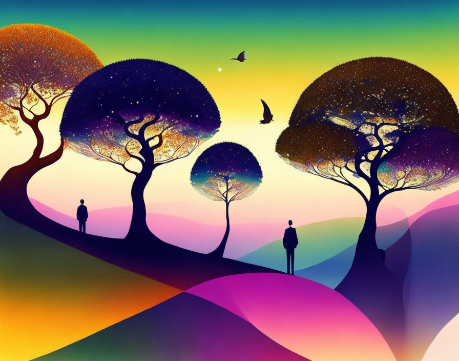 Surreal landscape with silhouetted figures, colorful hills, and gradient sky