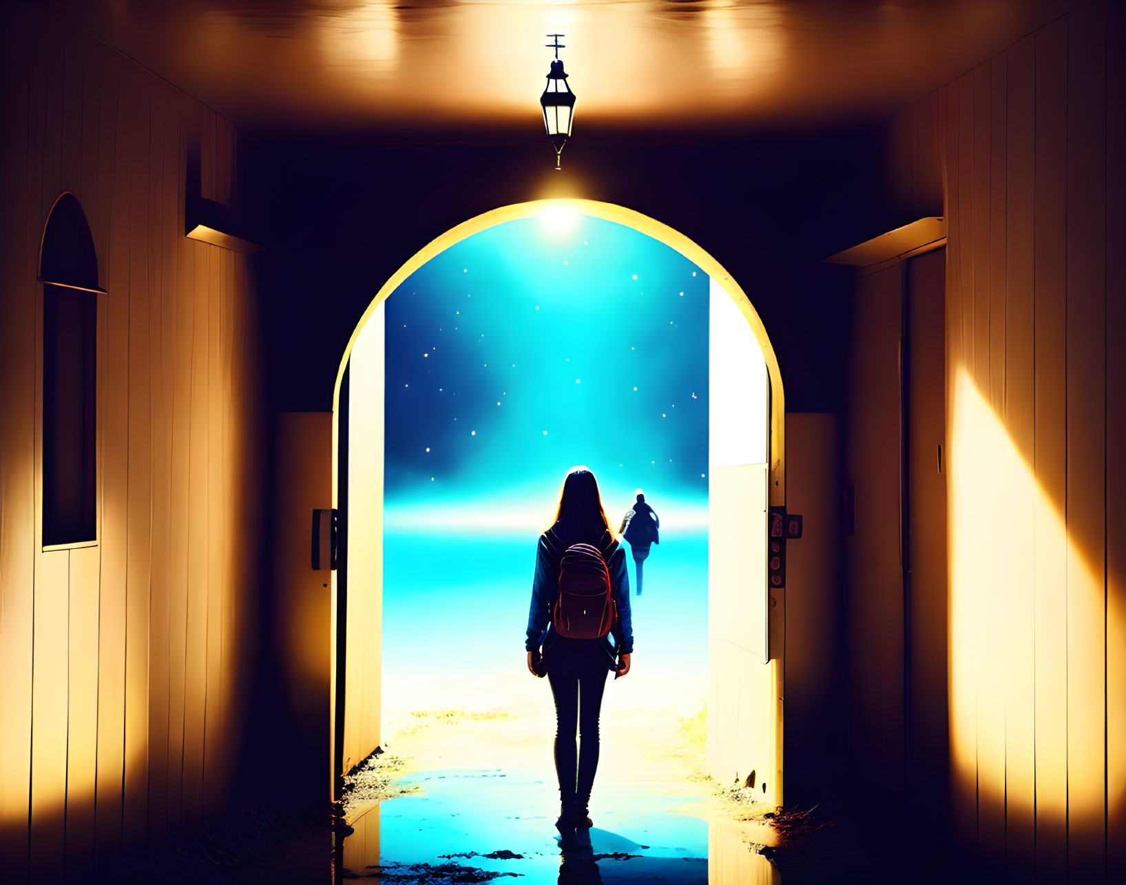 Person with backpack at open doorway under starry night sky with lantern and distant silhouette.