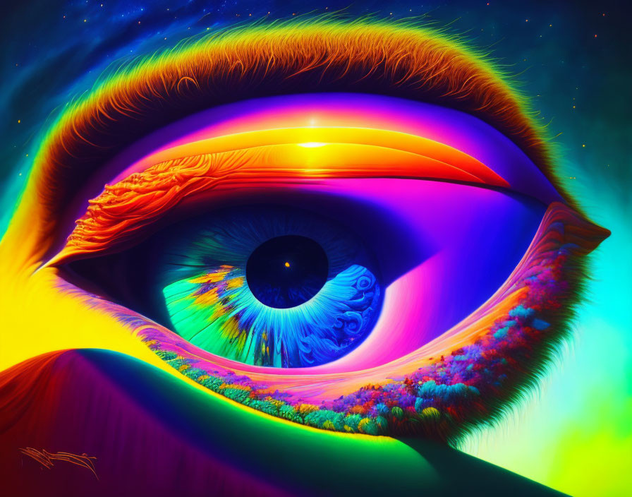 Colorful surreal eye illustration with cosmic theme