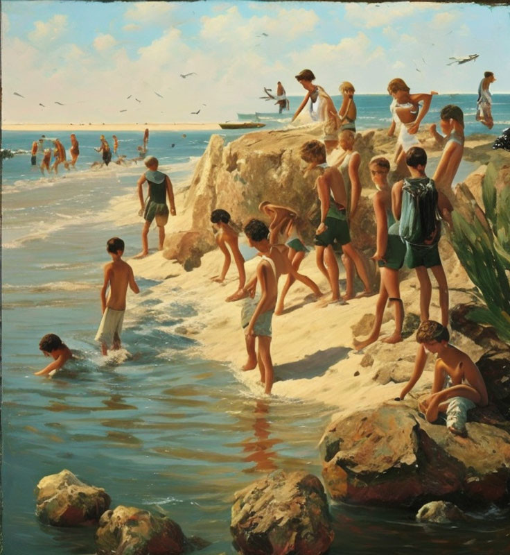 Sunlit beach scene: children playing on rocks and wading in water under clear blue sky