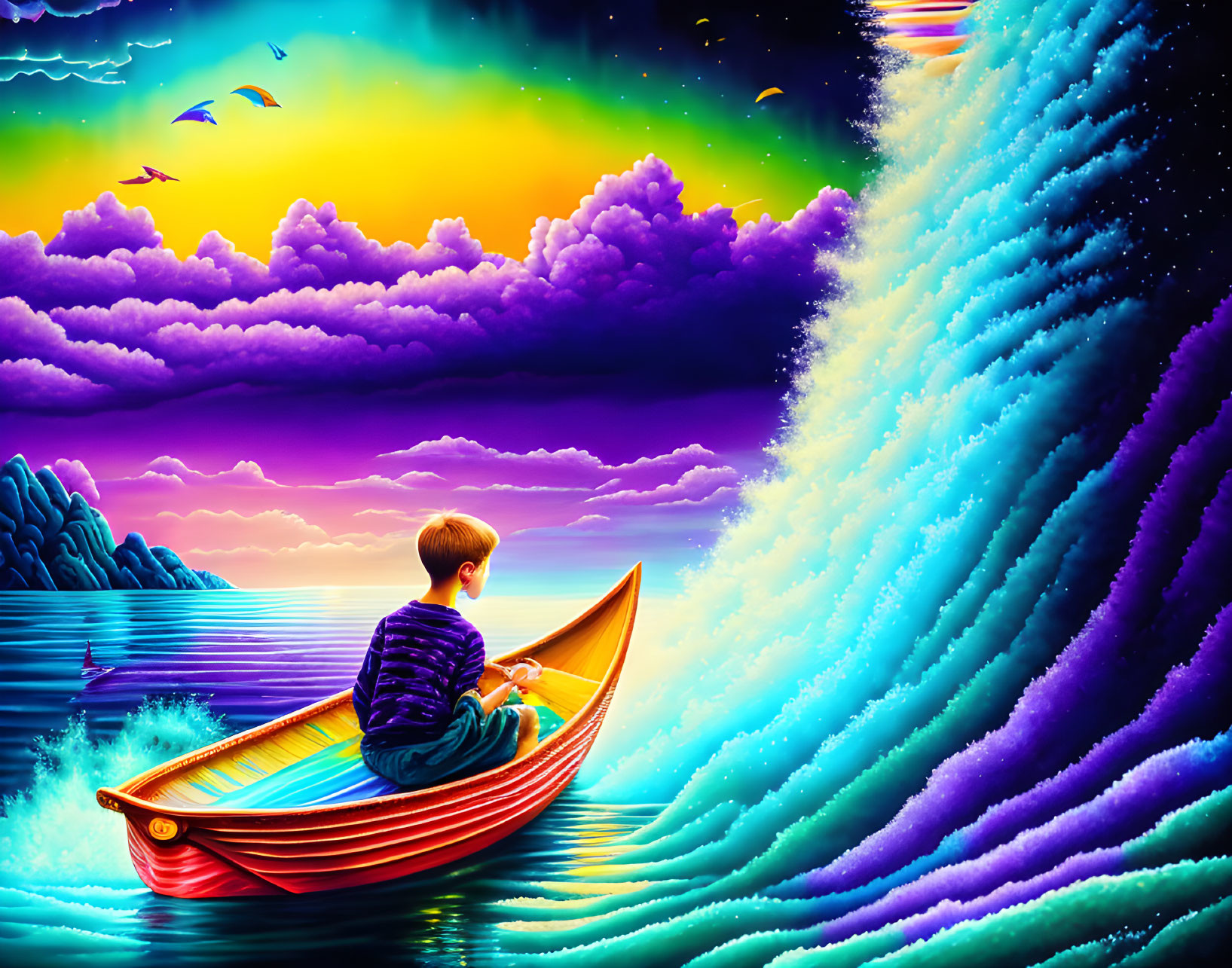 Child in colorful boat on vibrant waters with dramatic sky and large wave.