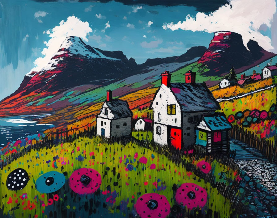 Colorful painting of white houses by the sea with flower field & mountains