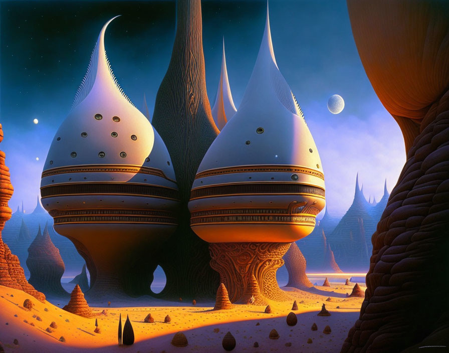 Fantastical landscape with onion-shaped structures and slender towers under twilight sky