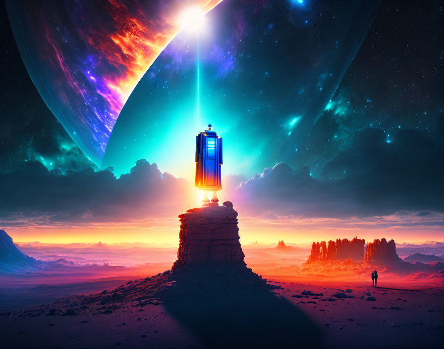 Colorful Sci-Fi Landscape with Glowing Phone Booth and Alien Sky