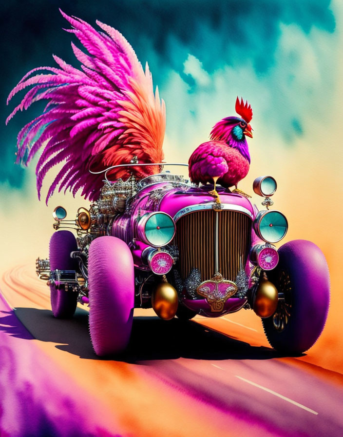 Colorful Rooster on Exaggerated Hot Rod with Oversized Wheels