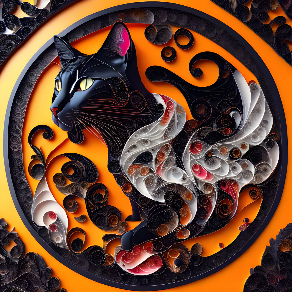 Stylized digital artwork: Black cat with swirl patterns on orange background