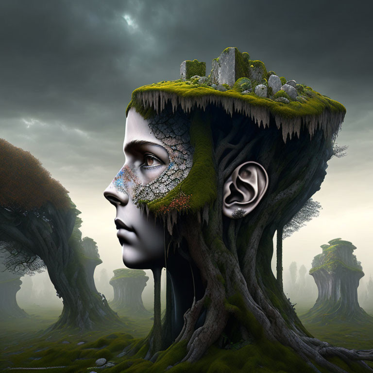 Surreal image: Human face with tree-like features and moss in mystical landscape