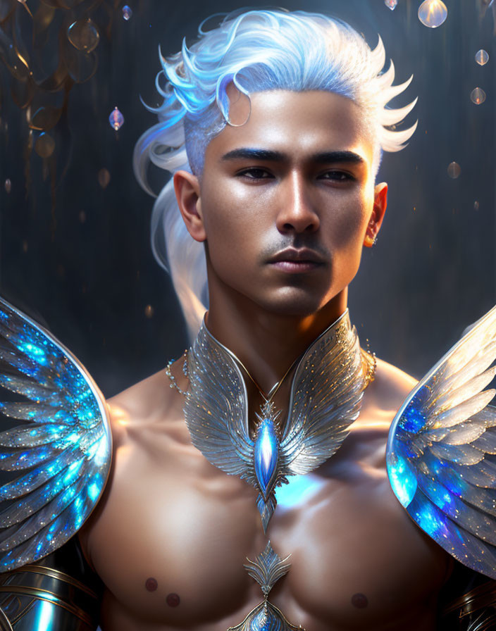 Male figure with silver hair in intricate wing-like armor on golden backdrop