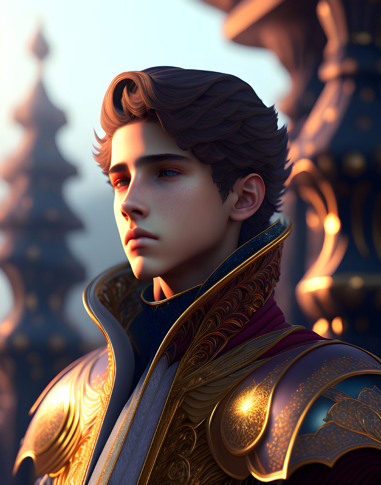 Detailed Golden Armor on Young Man Against Architectural Background