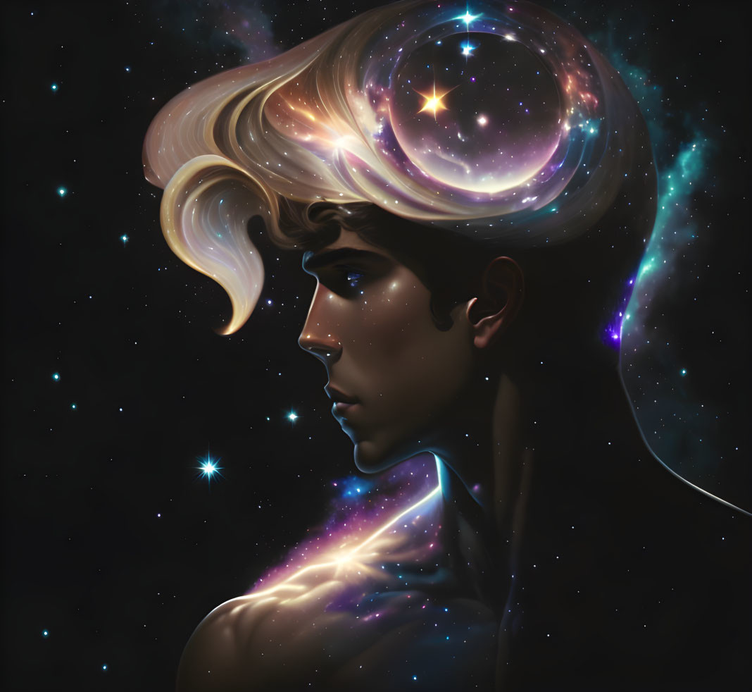 Profile portrait blending hair and shoulders with cosmic galaxy stars, nebulas.