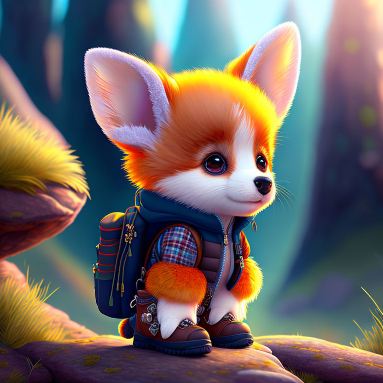 Anthropomorphic fox with backpack and shirt in forest at dawn or dusk