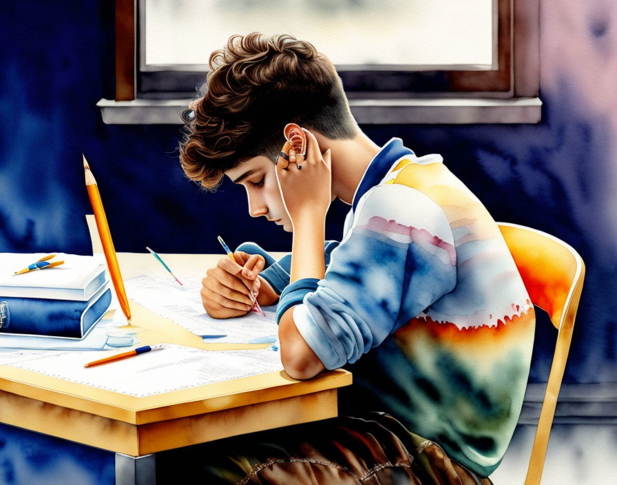 Young person writing in notebook at desk with pens and papers on blue background