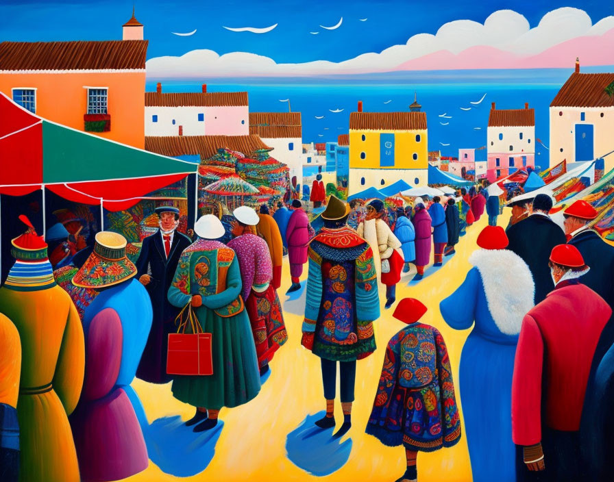 Vibrant painting of bustling market scene with colorful people and traditional houses