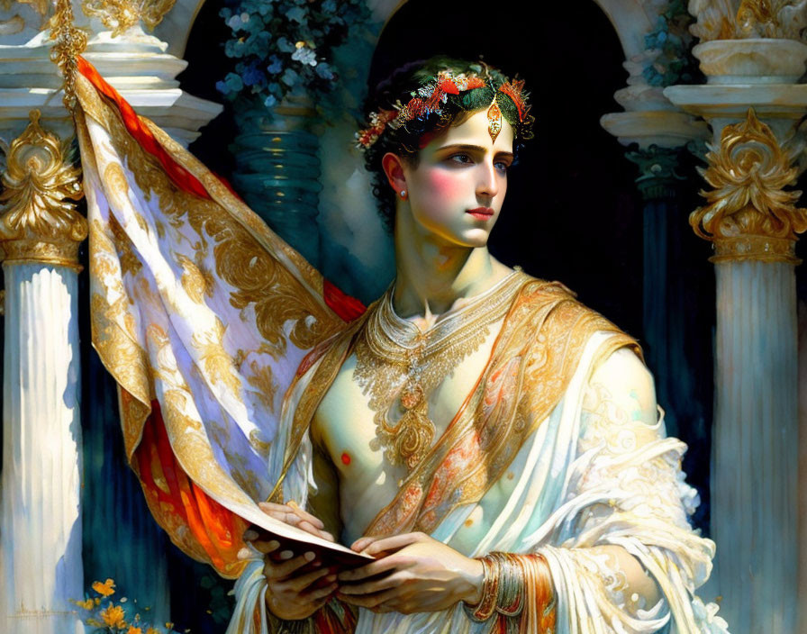 Portrait of person with leaf crown, toga, and flag in classical setting