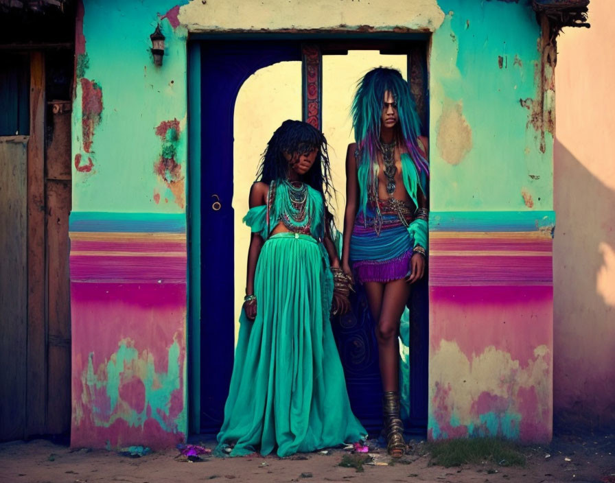 Vibrant attire women pose in front of colorful doorway