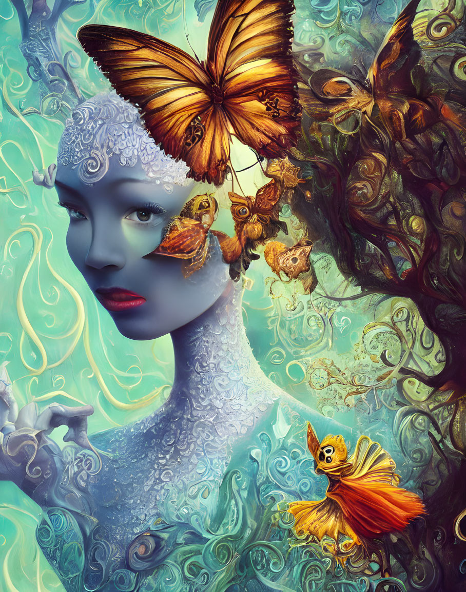 Surreal portrait of woman with blue skin and butterflies on swirling background