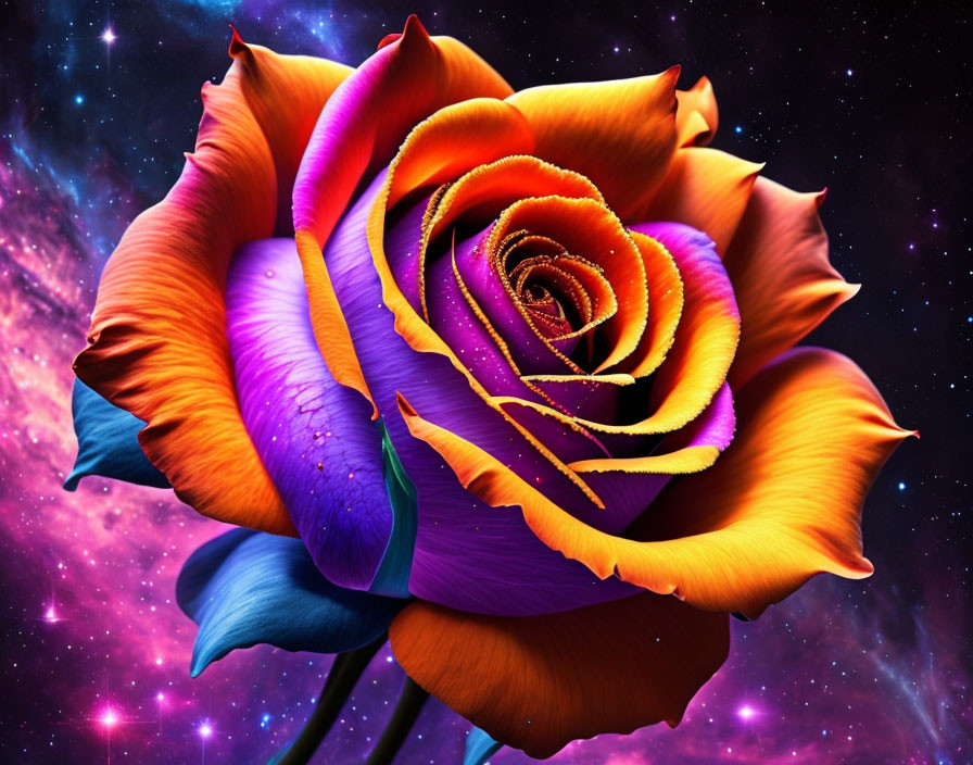 Multicolored rose with purple to orange petals on cosmic background