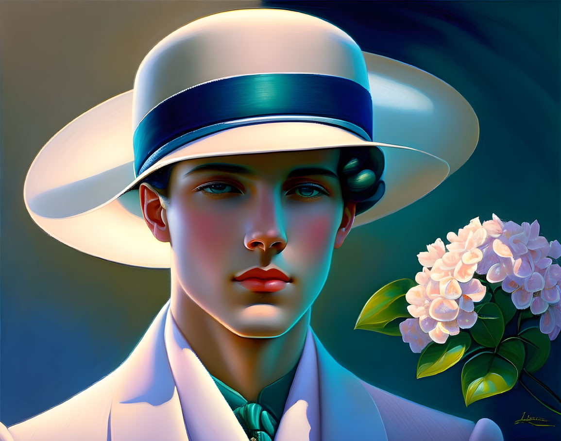 Serene person portrait with white hat and flowers on blue background