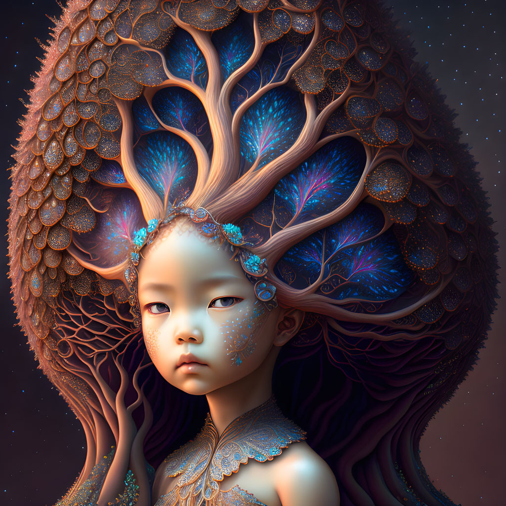 Child and tree merge in surreal portrait with intricate leaves and glowing blue patterns.