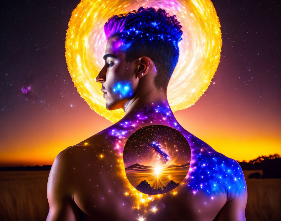 Cosmic-themed body painting with galaxy and fiery halo