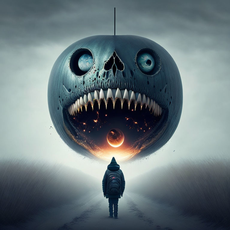 Surreal fish-like balloon with sharp teeth in dystopian setting